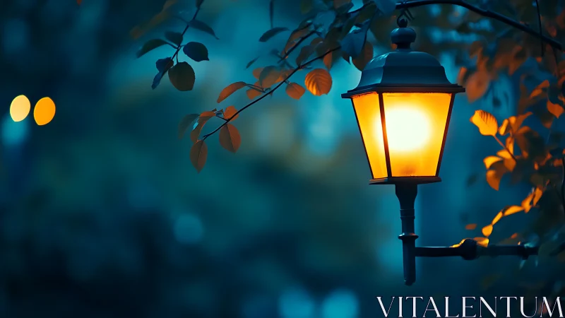 Gentle garden lamppost glowing through blue evening hush.