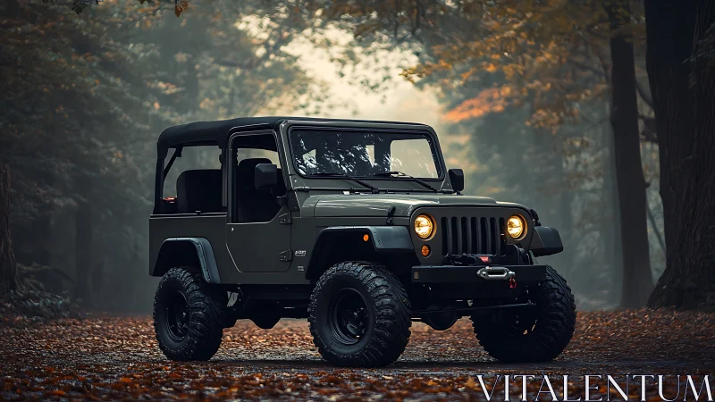 Forest mist hums while a rugged off-road Jeep stands ready