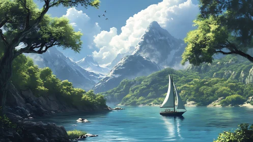 Solitary sailboat drifting beneath whispering alpine giants.