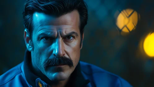 Steel-eyed guardian in neon glow studies the unseen night.