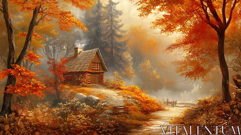 Autumn forest cabin beside reflective stream in sunlight.