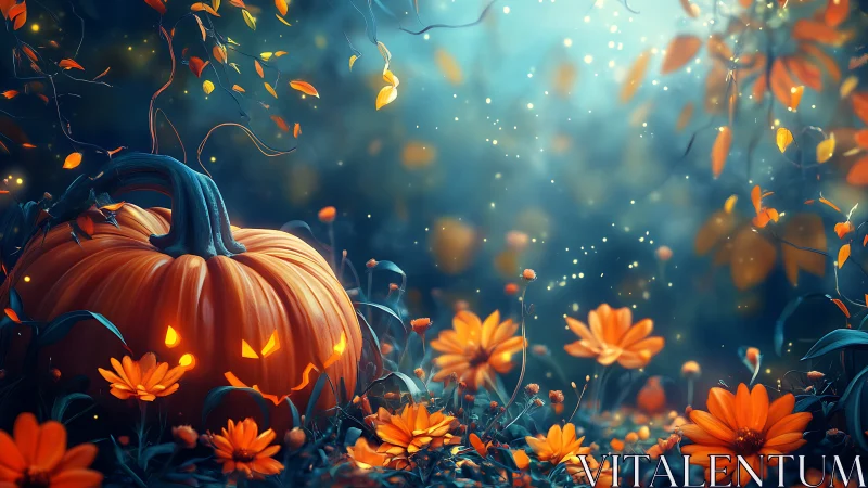 Carved pumpkin and orange flowers in blue forest light.