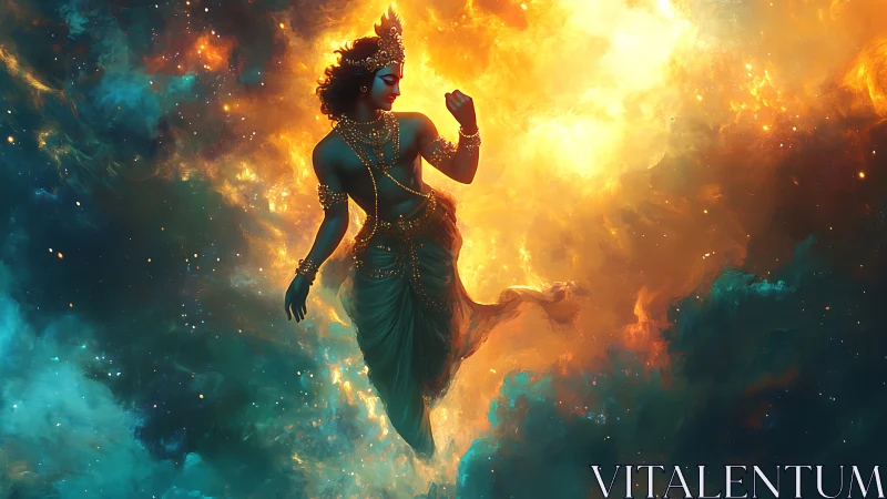 Cosmic deity figure dancing through radiant nebula light.