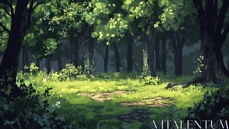 Sunlit Forest Clearing with Luminous Canopy and Verdant Ground Layer