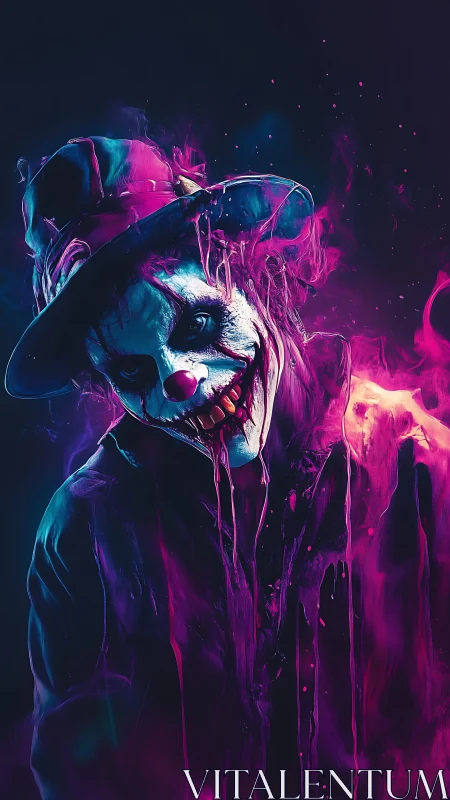 Neon nightmare jester melting through electric midnight haze.