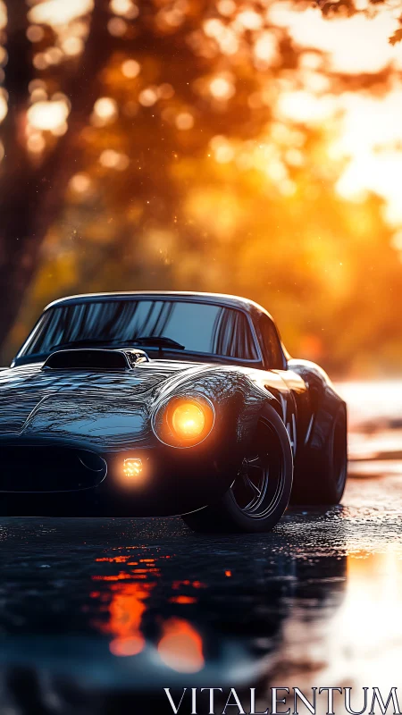 Golden hour cruise with a glossy classic sports car.