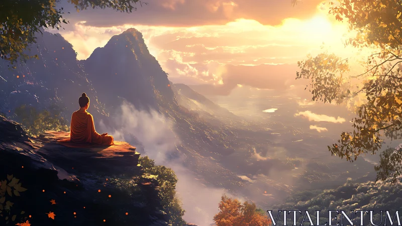 Sunrise monk on misty cliffs pausing the spinning world.