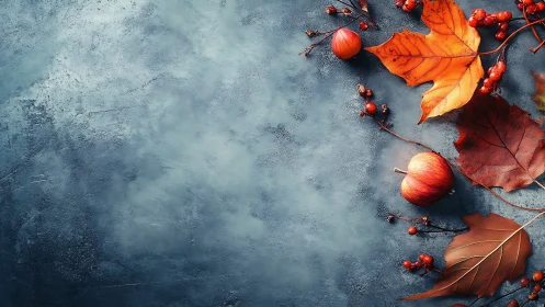 Photographic autumn still life on textured slate backdrop.