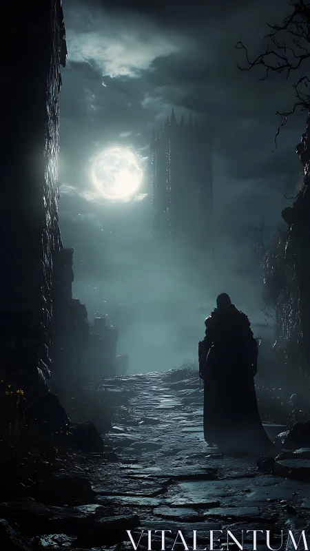 Cloaked figure on stone path under full moon and tower.