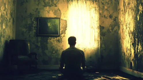 Soft morning light welcomes a lone figure in a worn room