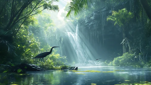 Heron in emerald falls where jungle light drifts softly.