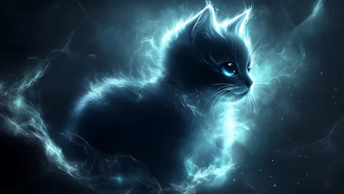 Ethereal Cat Head with Luminous Energy Aura and Plasma Effects