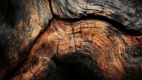 Close-up of weathered tree trunk with rich textures and earthy tones.