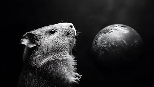 High contrast rodent portrait with planetary sphere study.