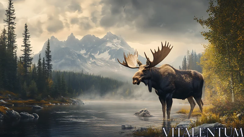 Moose monarch wades through mist-laced alpine morning hush.