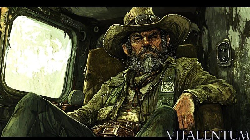 Bearded man in worn hat sitting in aged vehicle interior.
