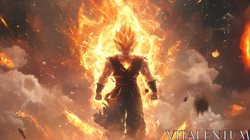 Flaming warrior ascends through storming clouds of cosmic fire.
