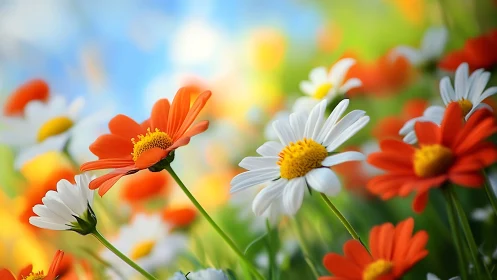Sunlit Garden Daisies Blooming in Gentle Breeze.
