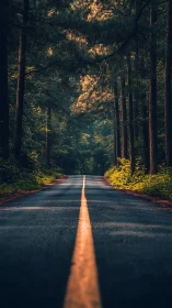 Sunlit Forest Road Through Dense Woodland Canopy