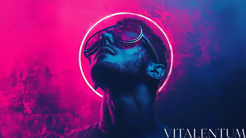 Man wearing neon glasses looks upward in pink blue light