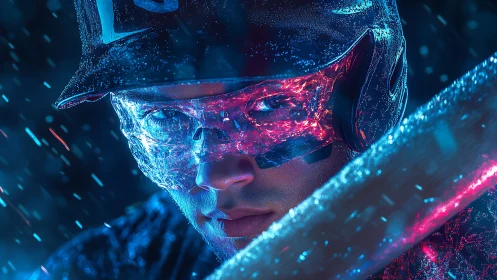 Cybernetic baseball batter under neon rain, close view.