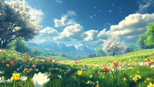 Blooming alpine meadow beneath drifting spring clouds.