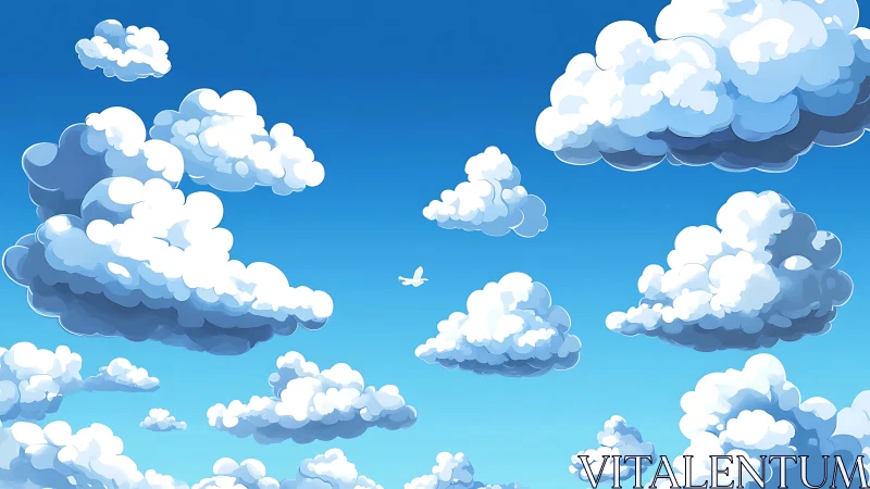 Cartoon cumulus clouds drift across deep blue sky.
