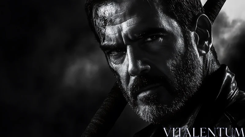 Gritted warrior portrait in dramatic noir side lighting.