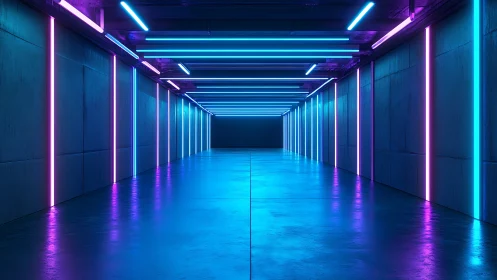 Neon lit corridor shows long symmetrical tunnel perspective