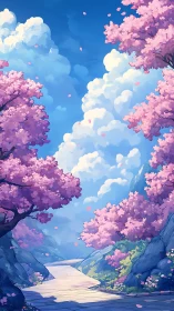Cherry blossom valley path under layered cumulus clouds.