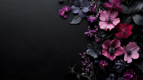 Floral arrangement composition on dark surface with pink magenta purple flowers