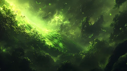 Luminescent Green Cavern with Bioluminescent Glow