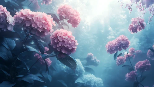 Pink Peonies Blooming in Ethereal Blue Atmosphere