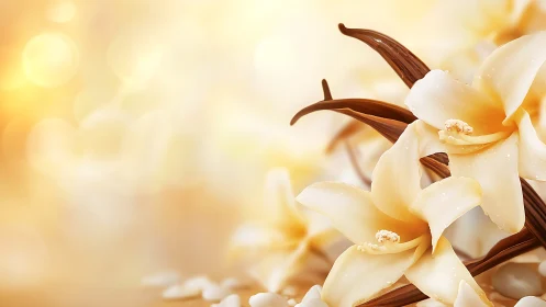 Vanilla Orchids with Pods: Luminous Floral Arrangement Study.