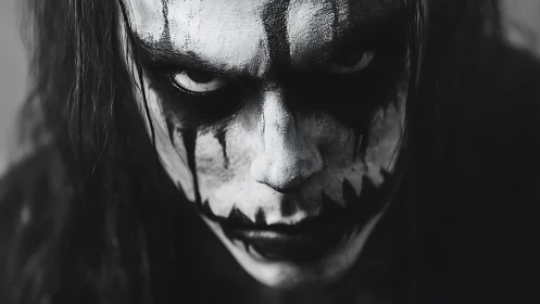 Monochrome horror portrait with high-contrast smeared facepaint.