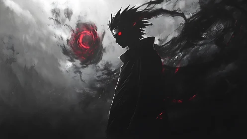 Dark anime warrior with red vortex eye energy storm.