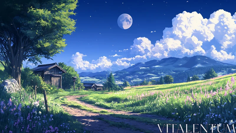 Moonlit farm path beneath cotton clouds and quiet hills.