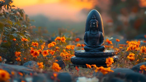 Serene black Buddha statue amid glowing orange meadow at dusk.