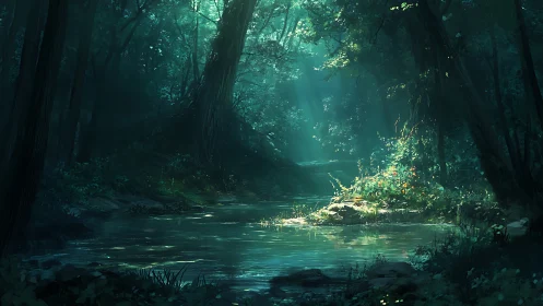 Forest stream with cathedral canopy and filtered light