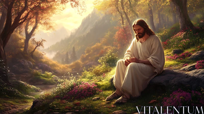 Solitary robed figure seated in sunlit forest clearing.