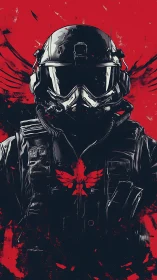 Tactical pilot portrait in glossy armor against red splatter field
