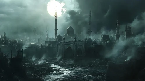 Moonlit ruin city wrapped in smoky emerald shadows.