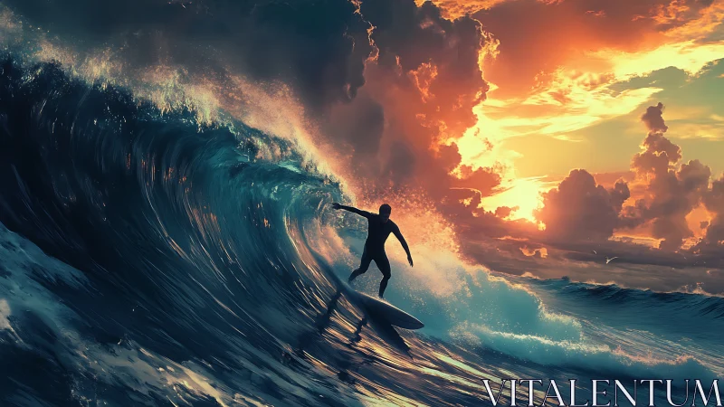 Surfer carving twilight wave beneath blazing storm sky.