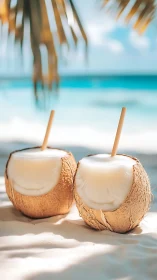 Fresh Coconut Beverages on Sandy Beach with Tropical Horizon.