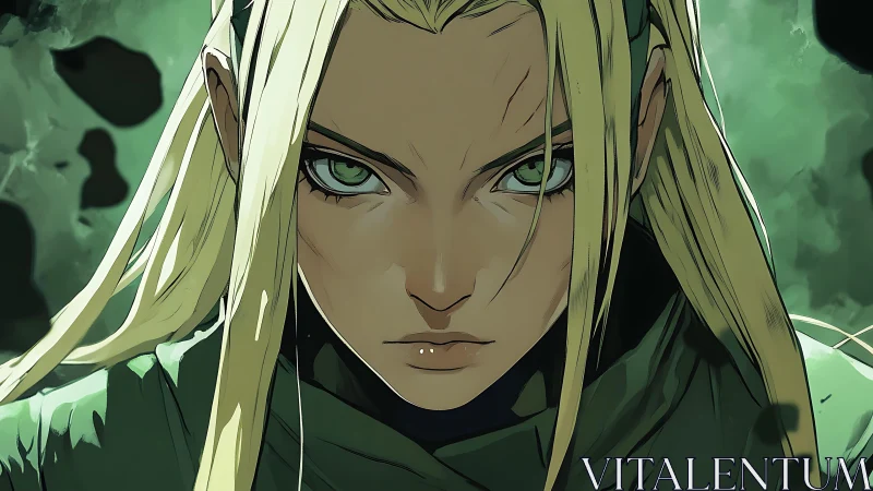 Emerald gaze of the battle-scarred warrior in stormlit focus.