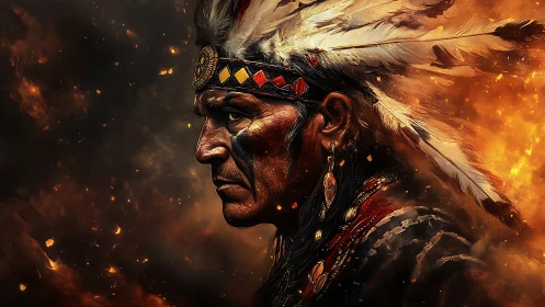 Indigenous elder in feathered headdress amid fiery embers.