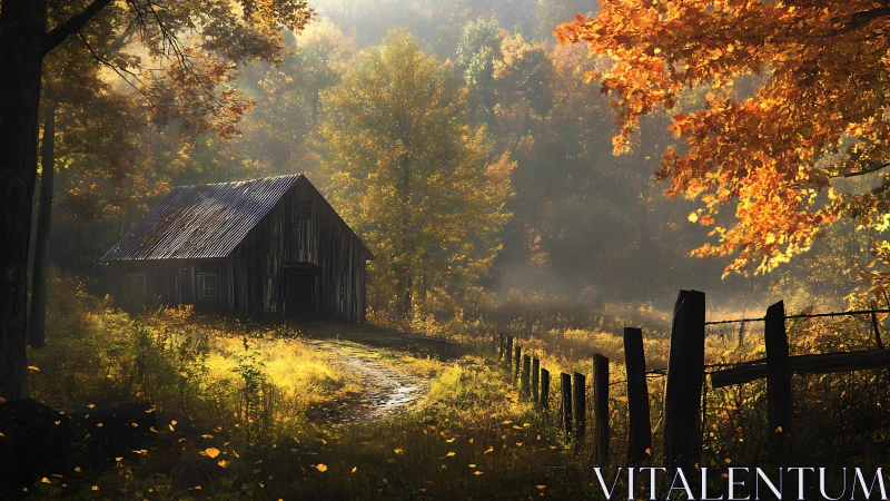 Rustic barn along sunlit autumn forest path at dawn.