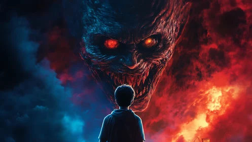Child facing giant demonic face amid red blue storm clouds.