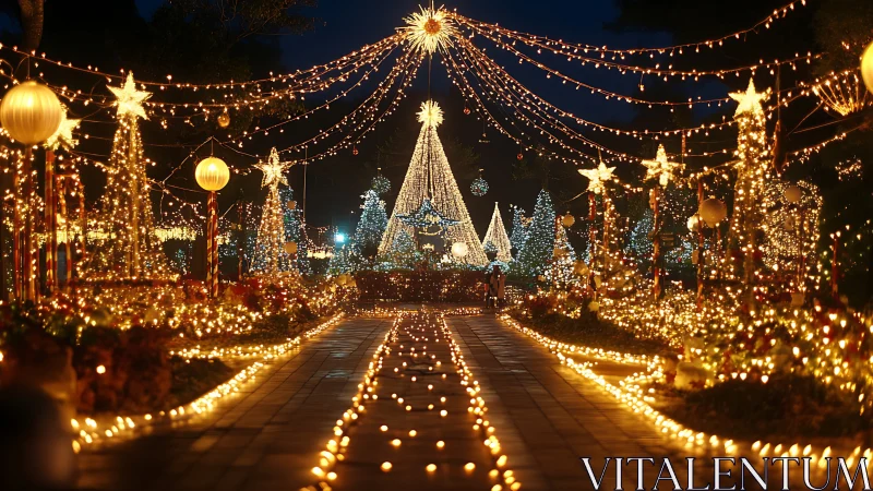 Starlit Christmas promenade draped in cascading golden lights.