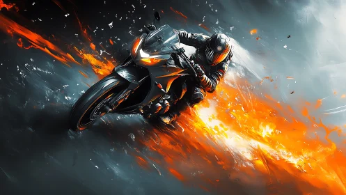 Kinetically stylized superbike carving through pyroclastic airflow.